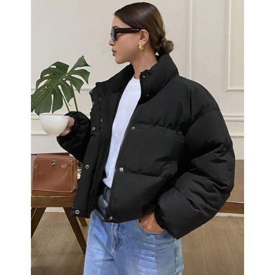 Women s Black Winter Casual Oversized Everyday Padded Coat Loose Fit Long Sleeves Zipper Drop Shoulder Funnel Neck Plain Warm Jacket With Pockets