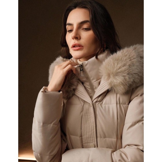 Women s Elegant Cinched Waist Waist Mid Length Puffy Detachable Faux Fur Collar Quilted Zip Up Padded Coat Apricot