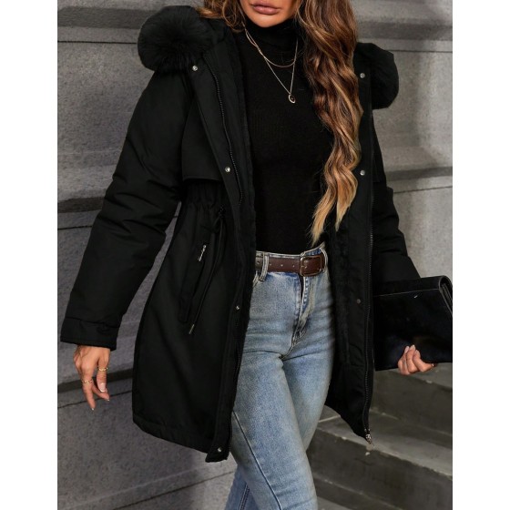 Women s Casual Solid Color Drawstring Waist Faux Fur Collar Hooded Padded Padded Coat Winter Clothes Fall Cloth For Women