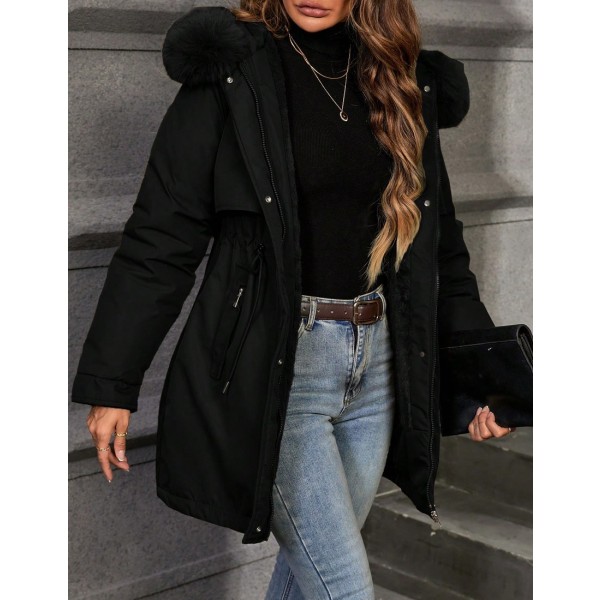 Women s Casual Solid Color Drawstring Waist Faux Fur Collar Hooded Padded Padded Coat Winter Clothes Fall Cloth For Women