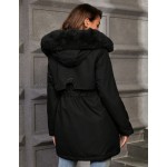 Women s Casual Solid Color Drawstring Waist Faux Fur Collar Hooded Padded Padded Coat Winter Clothes Fall Cloth For Women