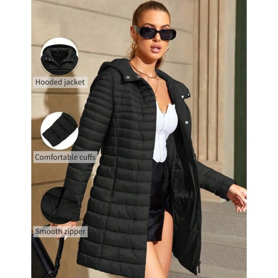 Women s Casual Hooded Down Jacket With Pockets Lightweight And Suitable For Daily Wear Black Elegant Winter