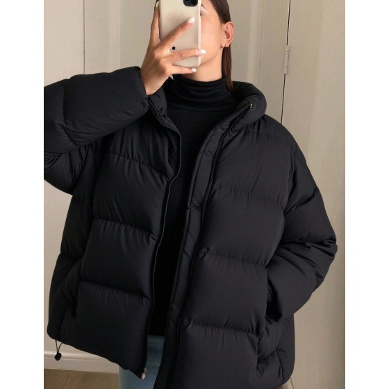 Women Solid Color Drop Shoulder Zip Front Casual Stand Collar Winter Jacket School