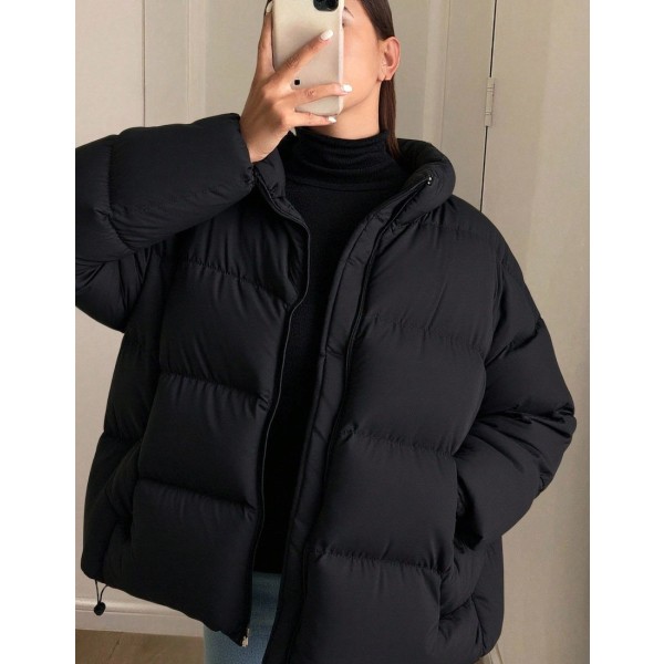 Women Solid Color Drop Shoulder Zip Front Casual Stand Collar Winter Jacket School