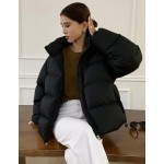 Women Solid Color Drop Shoulder Zip Front Casual Stand Collar Winter Jacket School