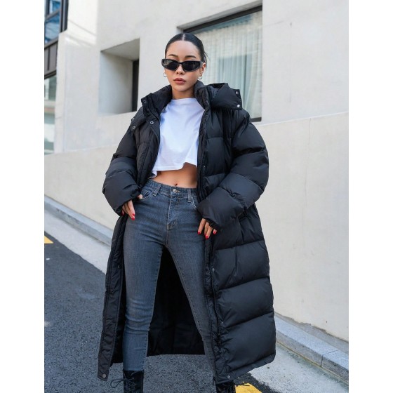 Zipper Front Hooded Padded Thick Pockets Coat Winter Women Padded Coat