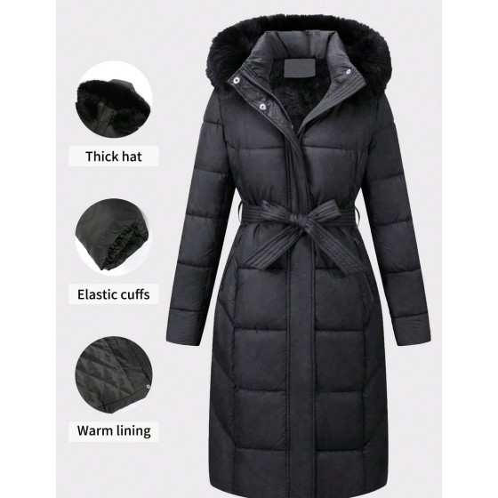 Women s Casual Hooded Jacket With Pockets Lightweight Faux Fur Lined Quilted Windbreaker Suitable For Autumn Daily Wear And Winter Outerwear Black Elegant
