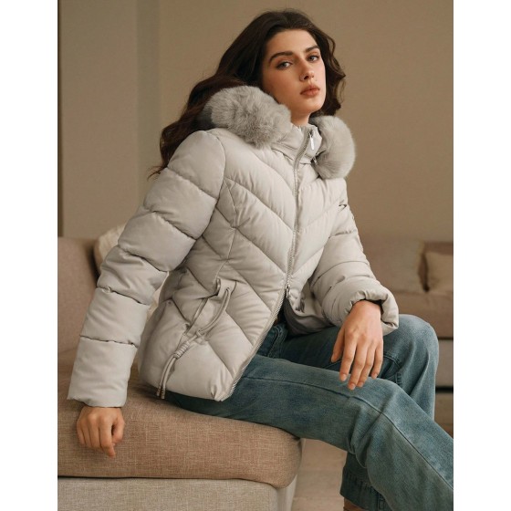 Women Padded Coat With Fur Collar Zippers Long Sleeves Plain Color Winter