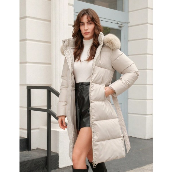 Women s Solid Color Long Sleeve Zip Up Hooded Padded Coat With Faux Fur Trim Winter