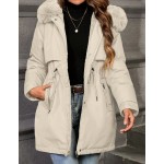 Women s Casual Solid Color Drawstring Waist Fluffy Hooded Padded Padded Coat Winter Clothes Fall Cloth For Women