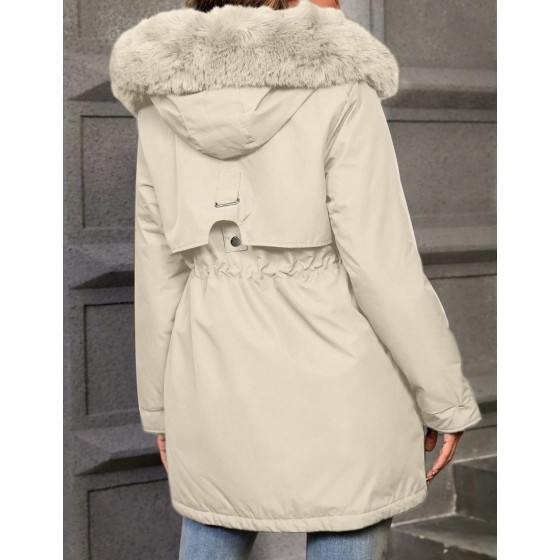 Women s Casual Solid Color Drawstring Waist Fluffy Hooded Padded Padded Coat Winter Clothes Fall Cloth For Women
