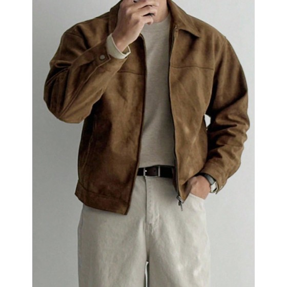 Men s Solid Brown Suede Faux Fur Jacket Autumn