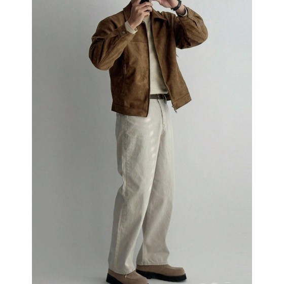 Men s Solid Brown Suede Faux Fur Jacket Autumn