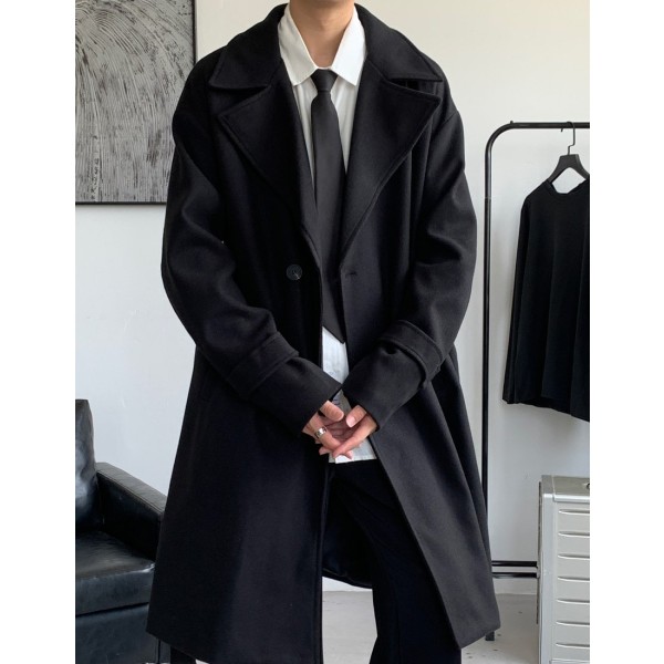 Manfinity Hypemode Loose Fit Men s Long Sleeve Lapel Collar Dropping Shoulder Belted Overcoat Plain Going Out Casual