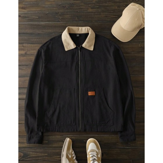 Men s Black And Beige Colorblock Zip Up Casual Jacket Autumn Slim Fit Woven Shacket With Shirt Collar Holiday Vintage Cropped Coat Father s Day Gifts