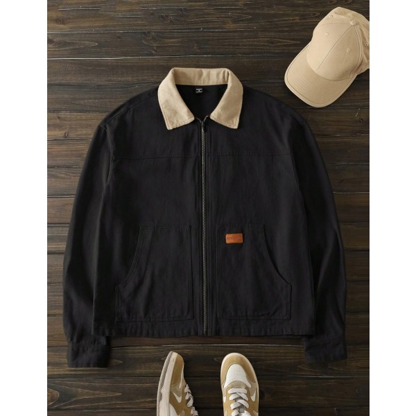 Men s Black And Beige Colorblock Zip Up Casual Jacket Autumn Slim Fit Woven Shacket With Shirt Collar Holiday Vintage Cropped Coat Father s Day Gifts