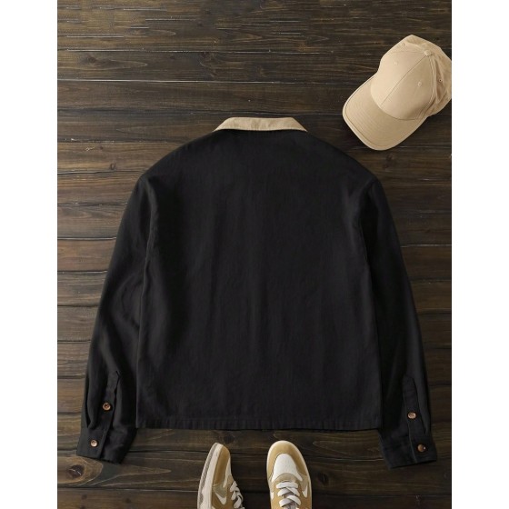 Men s Black And Beige Colorblock Zip Up Casual Jacket Autumn Slim Fit Woven Shacket With Shirt Collar Holiday Vintage Cropped Coat Father s Day Gifts