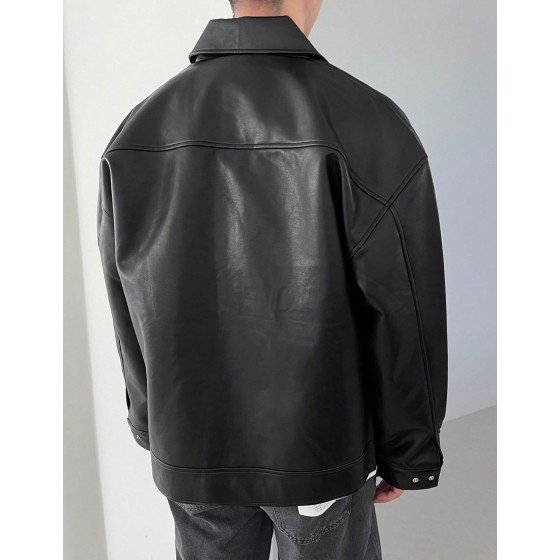 1pc Men Plain Black Faux Leather Jacket For Autumn Grunge