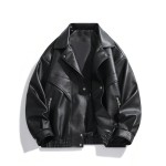 1pc Men s Black Fashionable Lightweight Loose Retro American Motorcycle PU Leather Collar Jacket Streetwear