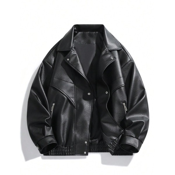 1pc Men s Black Fashionable Lightweight Loose Retro American Motorcycle PU Leather Collar Jacket Streetwear