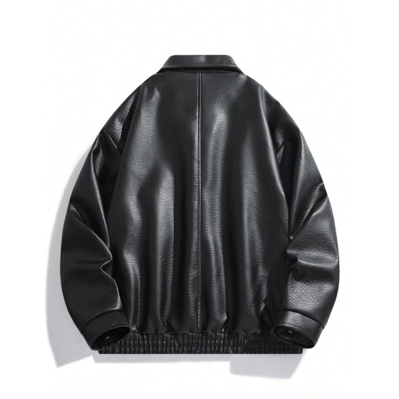 1pc Men s Black Fashionable Lightweight Loose Retro American Motorcycle PU Leather Collar Jacket Streetwear