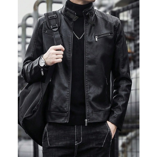 1pc Men s Leather Motorcycle Jacket Suitable For Outdoor Spring And Autumn