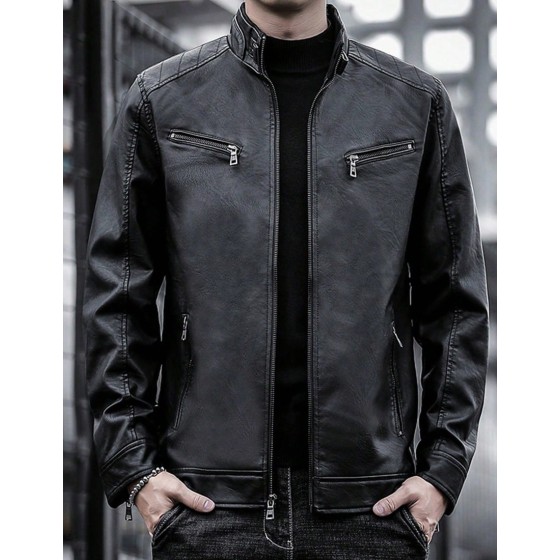 1pc Men s Leather Motorcycle Jacket Suitable For Outdoor Spring And Autumn