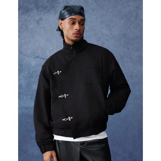 Men s Dark Techwear Asymmetrical Metal Button Aviator Jacket Cleanfit Minimalist Streetwear Style Niche Unique Design Luxury High End Dark Techwear Avant Garde Deconstruction Cleanfit Minimali