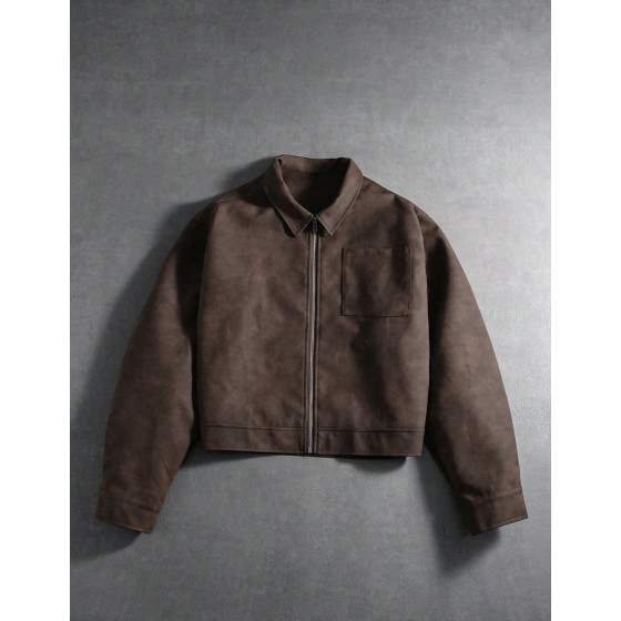 Men s Coffee Brown Autumn Modest Hiking Jacket Streetwear Vintage Mocha Leather Bomber Cropped Zip Up Long Sleeve Winter Casual Outerwear
