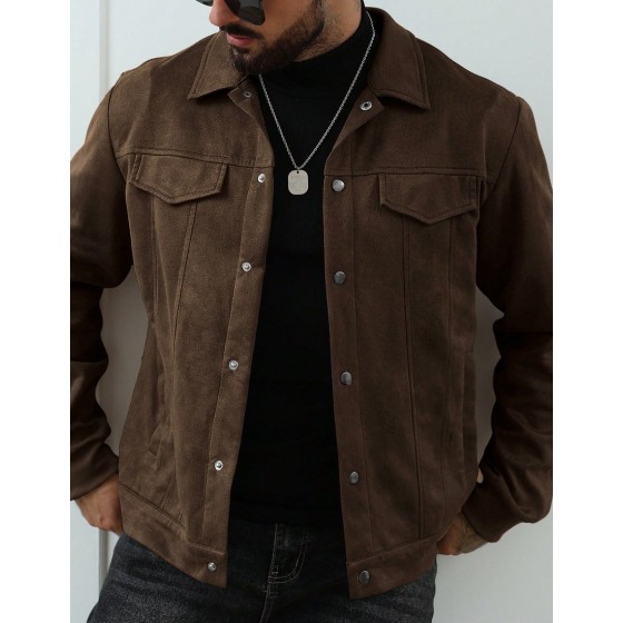 Men Solid Color Faux Suede Fleece Long Sleeve Single Breasted Casual Jacket