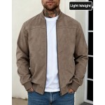 Men Solid Color Lightweight Suede Fleece Flight Jacket Full Zip Stand Collar Casual Outerwear