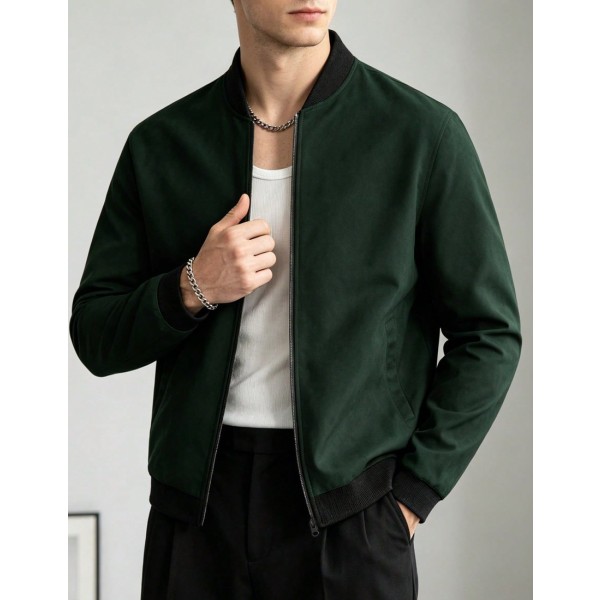 Men Baseball Collar Color Block Zipper Casual Long Sleeve Jacket Daily Wear