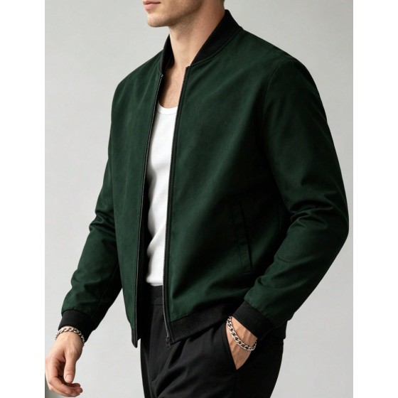Men Baseball Collar Color Block Zipper Casual Long Sleeve Jacket Daily Wear
