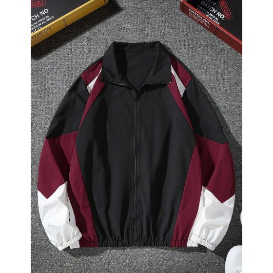 Men Long Sleeve Color Block Zipper Outdoor Windbreaker Jacket