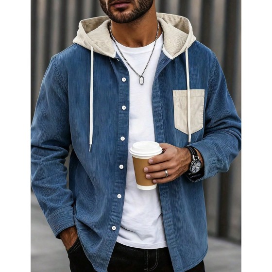 Men Thin Lightweight Hooded Jacket with Contrast Drawstring Casual College Style