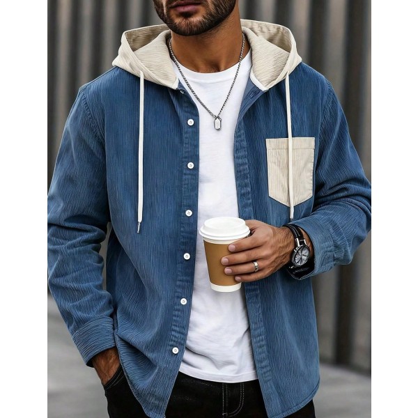 Men Thin Lightweight Hooded Jacket with Contrast Drawstring Casual College Style