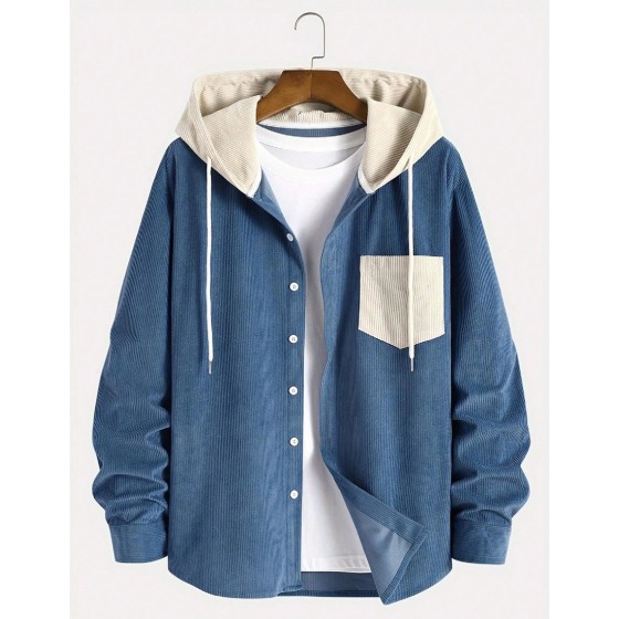 Men Thin Lightweight Hooded Jacket with Contrast Drawstring Casual College Style