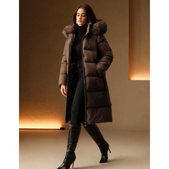 Women's Solid Color Long Sleeve Zip Up Hooded Padded Coat With Faux Fur Trim, Winter
