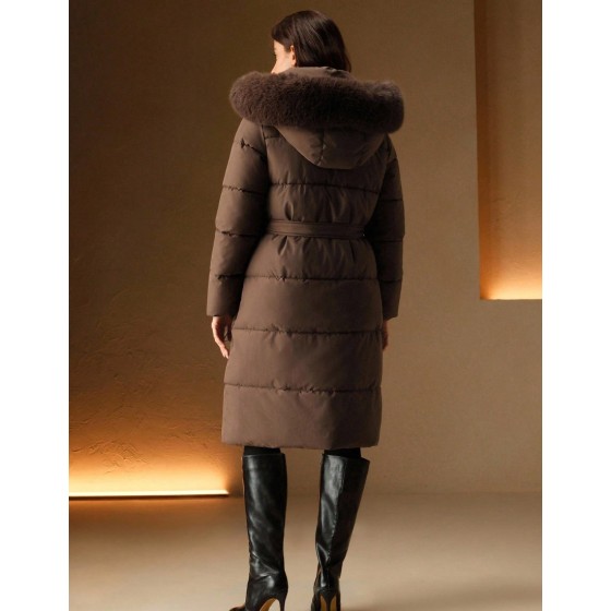 Women's Solid Color Long Sleeve Zip Up Hooded Padded Coat With Faux Fur Trim, Winter