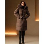 Women's Solid Color Long Sleeve Zip Up Hooded Padded Coat With Faux Fur Trim, Winter