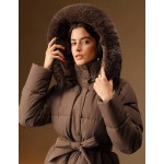 Women's Solid Color Long Sleeve Zip Up Hooded Padded Coat With Faux Fur Trim, Winter