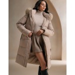 Women's Solid Color Long Sleeve Zip Up Hooded Padded Coat With Faux Fur Trim, Winter