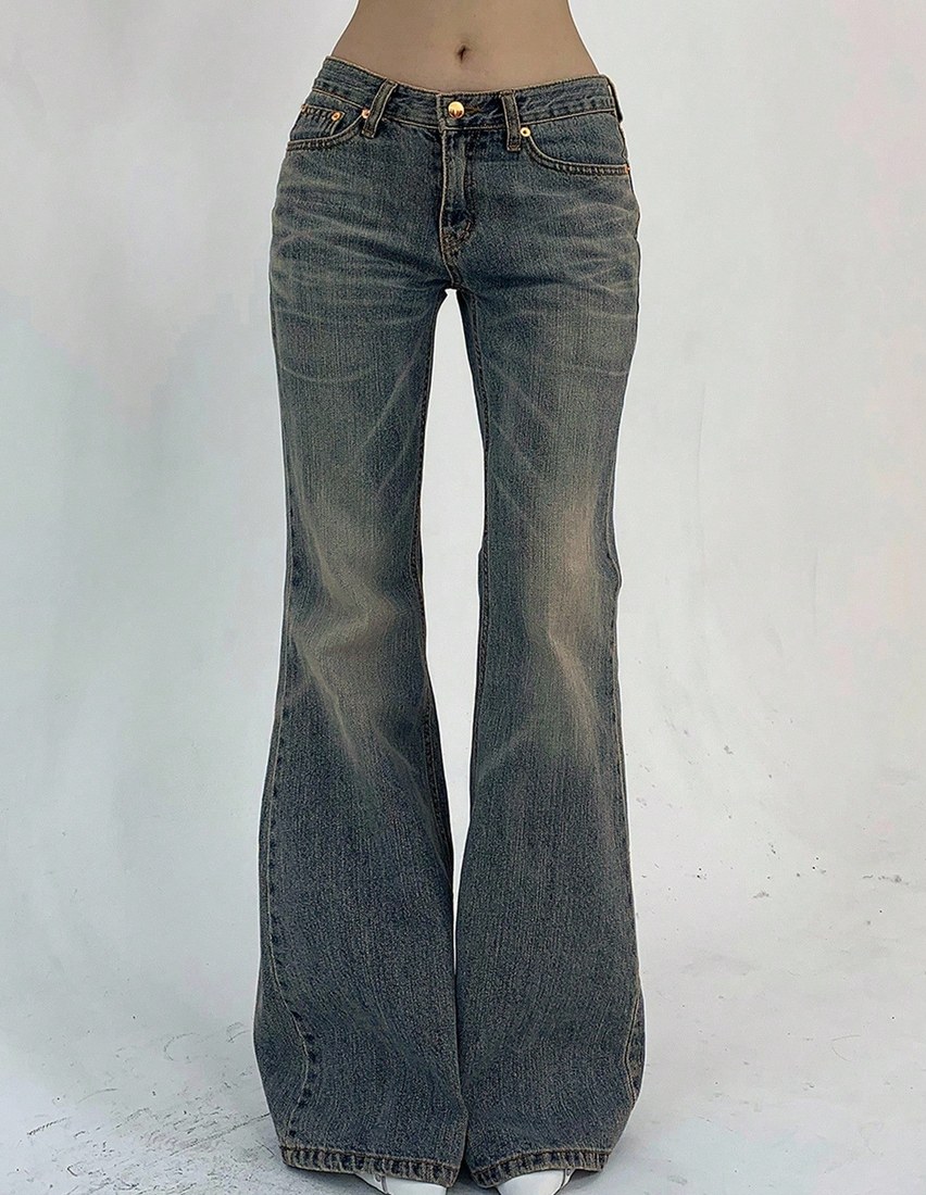 Women s Pocketed Casual Flare Leg Denim Jeans Y2k Streetwear Low Rise Jeans