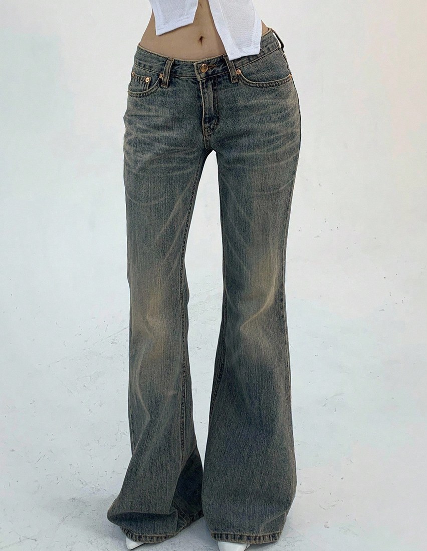 Women s Pocketed Casual Flare Leg Denim Jeans Y2k Streetwear Low Rise Jeans