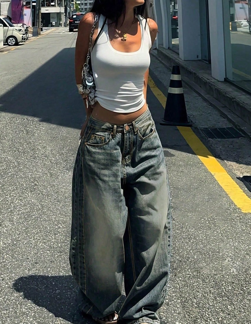 Vintage Washed Blue Wide Leg Jeans, American Loose Casual Wide Leg Dragging Pants, Women's Fashion For Fall Y2K Streetwear