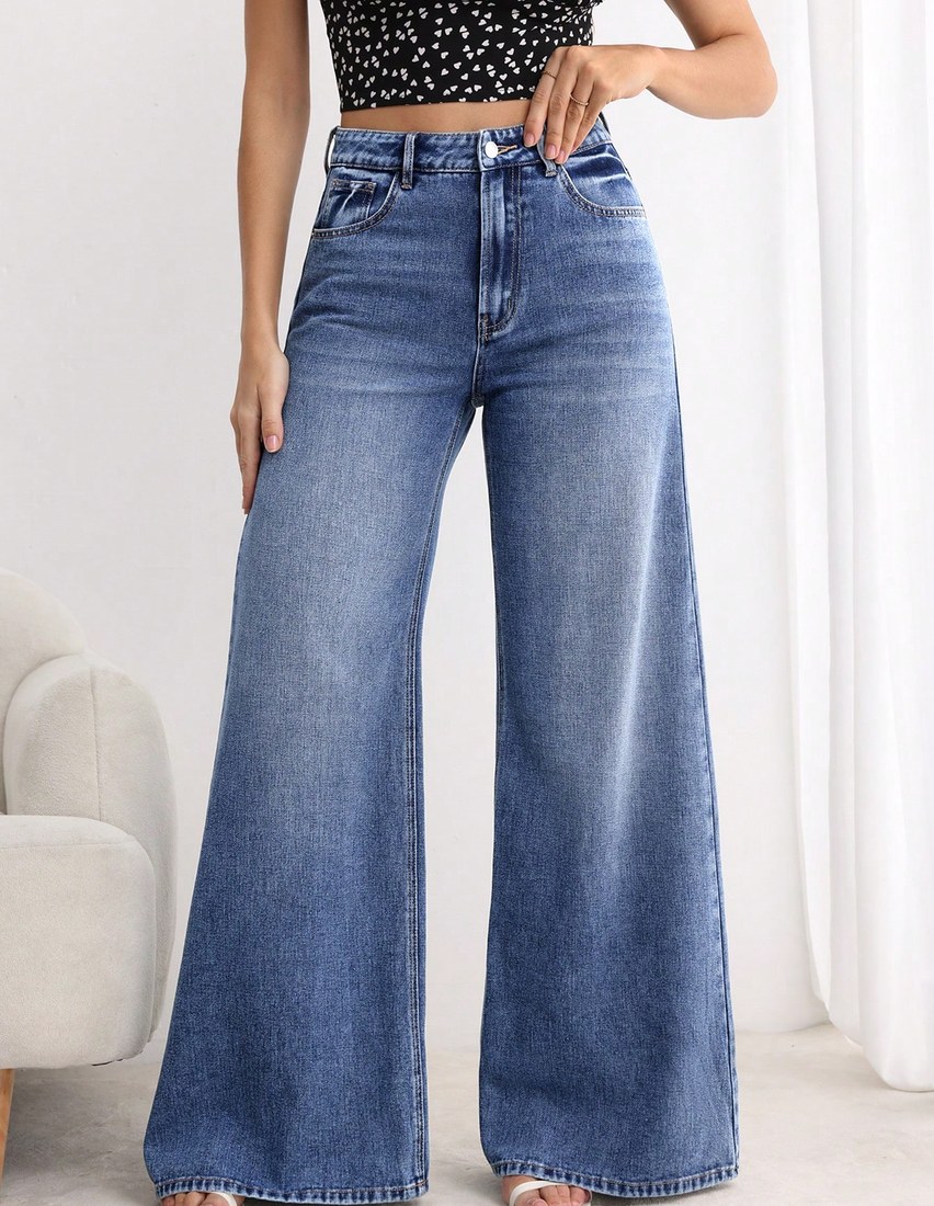 Women s Loose Casual Pocket Design Wide Leg Jeans