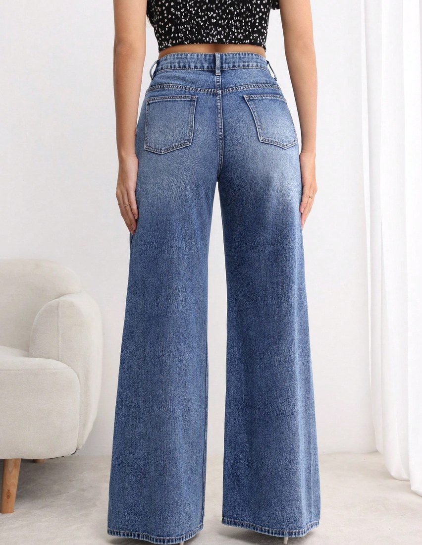 Women s Loose Casual Pocket Design Wide Leg Jeans