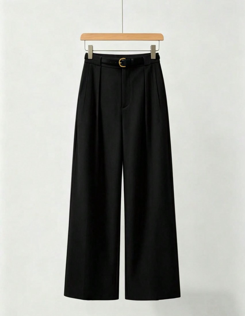 Mid Waist Solid Color Elegant Straight Leg Pants With Belt Black Spring Office