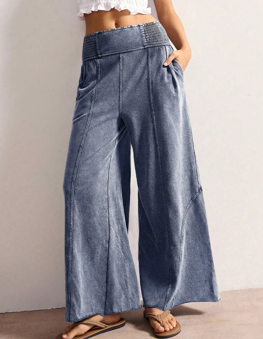 Women s Casual Solid Color Knit Loose Wide Leg Washed Pants