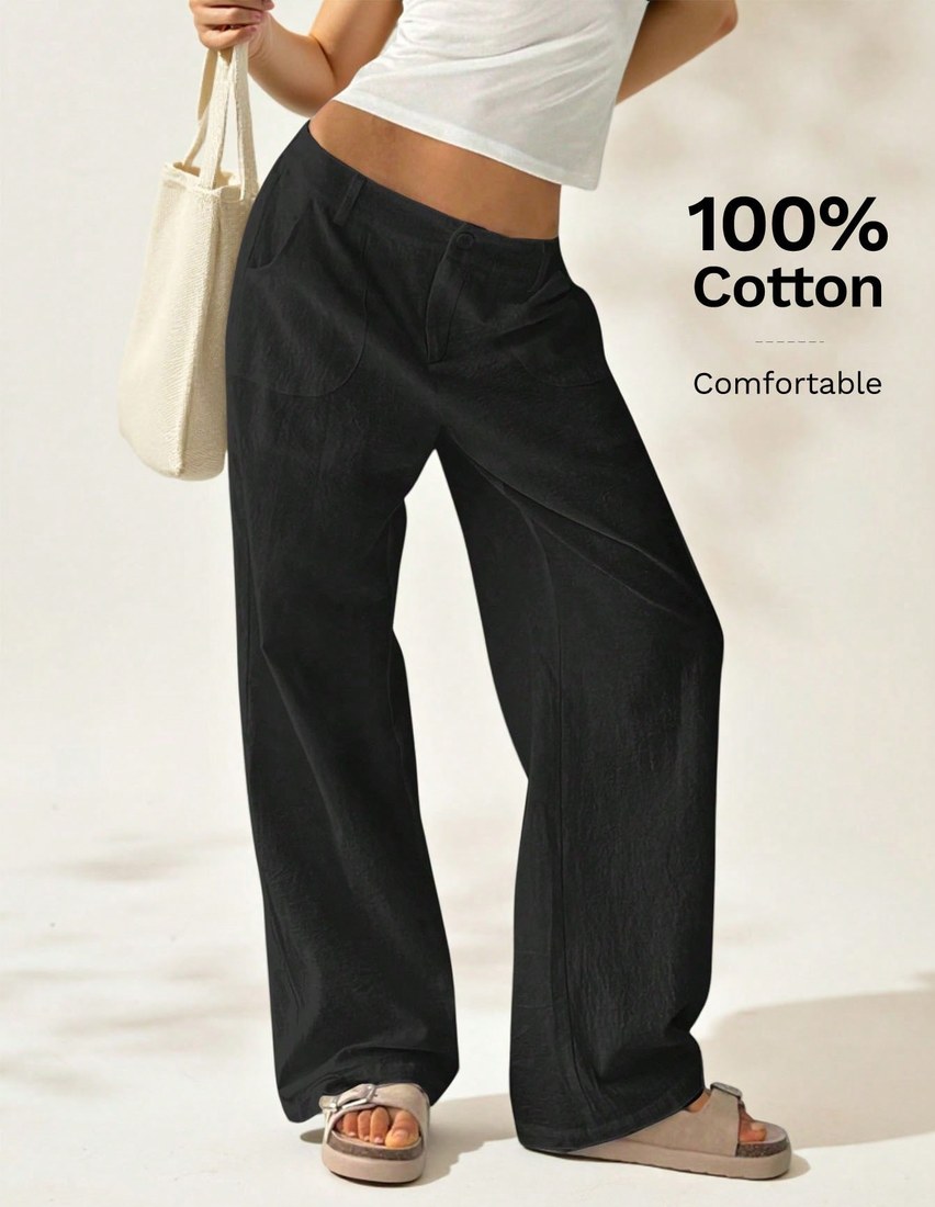 Women Plain Simple Low Waist Straight Leg Pants Ladies Spring Fall Casual Pocket Zipper Ultra Long Black Cotton Loose Daily Wear